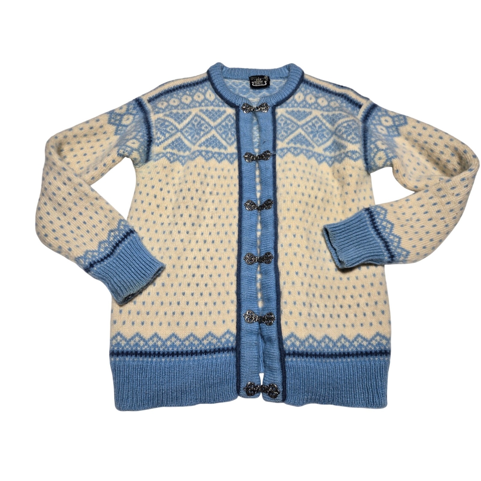 Vintage Dale Of Norway Blue Cream Wool Cardigan W/Pewter Clasps Nordic Cabincore